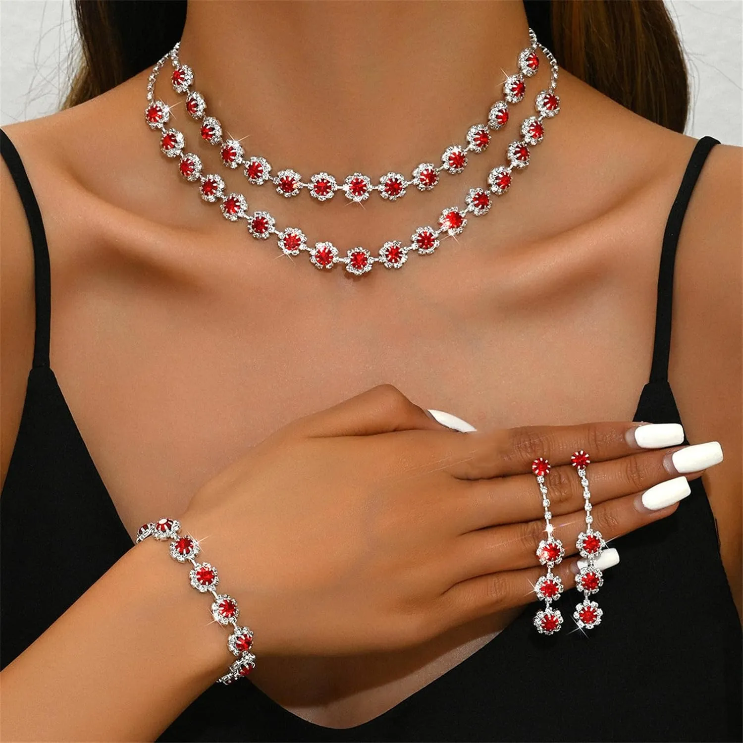 Jewelry Set Wedding Jewelry Sets for Women,Rhinestone Crystal Statement Choker Necklace Earrings Bracelet Set Bridal Wedding Prom Jewelry Set Accessories
