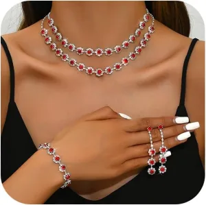 Jewelry Set Wedding Jewelry Sets for Women,Rhinestone Crystal Statement Choker Necklace Earrings Bracelet Set Bridal Wedding Prom Jewelry Set Accessories