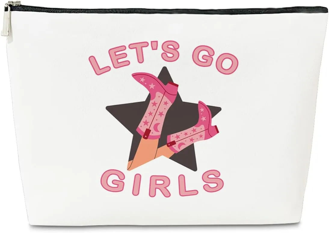JioJio Chan Coquette Pink Western Makeup Bag, Let's Go Girls Cowgirl Bachelorette PU Leather Cosmetic Bag for Purse, Western Gifts for Women, Cowgirls Stuff, Country Girl Gifts Pouch