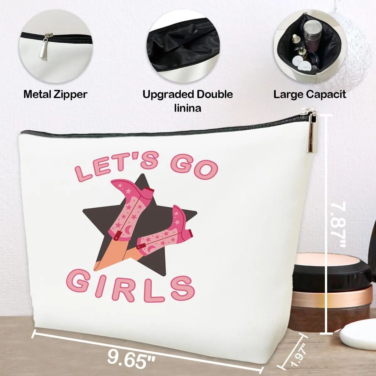 JioJio Chan Coquette Pink Western Makeup Bag, Let's Go Girls Cowgirl Bachelorette PU Leather Cosmetic Bag for Purse, Western Gifts for Women, Cowgirls Stuff, Country Girl Gifts Pouch