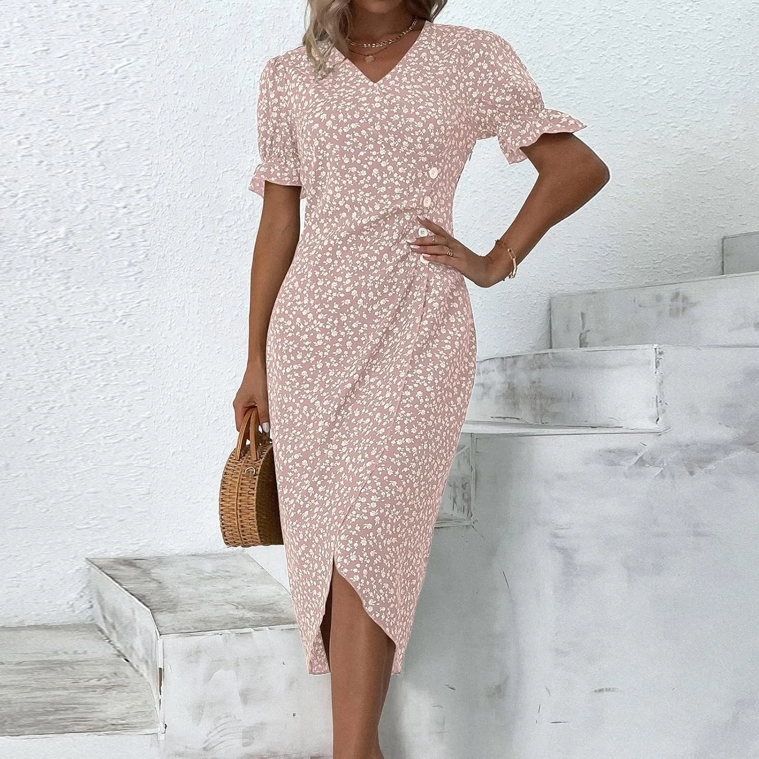 JJHAEVDY Dresses for Women 2024 Printed Ruffle Hem Dress V Neck Short Sleeve Dress Spring Summer Dresses Flowy Beach Dresses