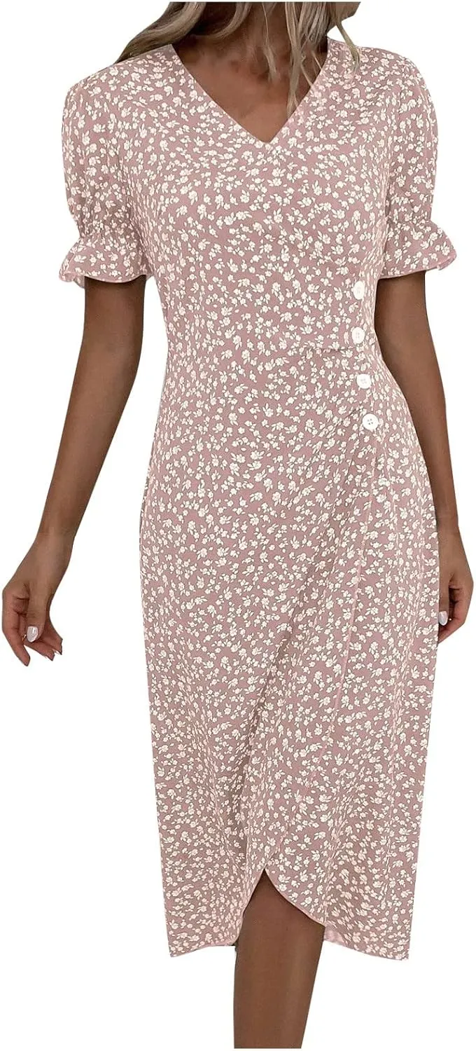 JJHAEVDY Dresses for Women 2024 Printed Ruffle Hem Dress V Neck Short Sleeve Dress Spring Summer Dresses Flowy Beach Dresses