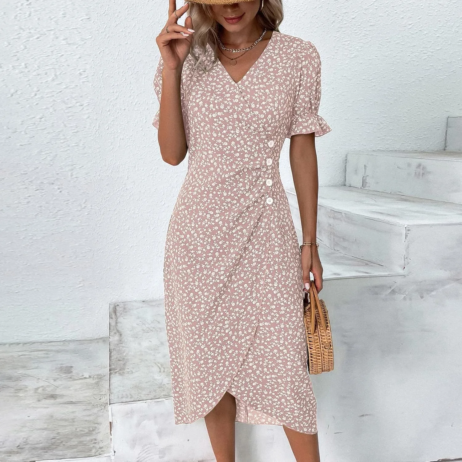 JJHAEVDY Dresses for Women 2024 Printed Ruffle Hem Dress V Neck Short Sleeve Dress Spring Summer Dresses Flowy Beach Dresses