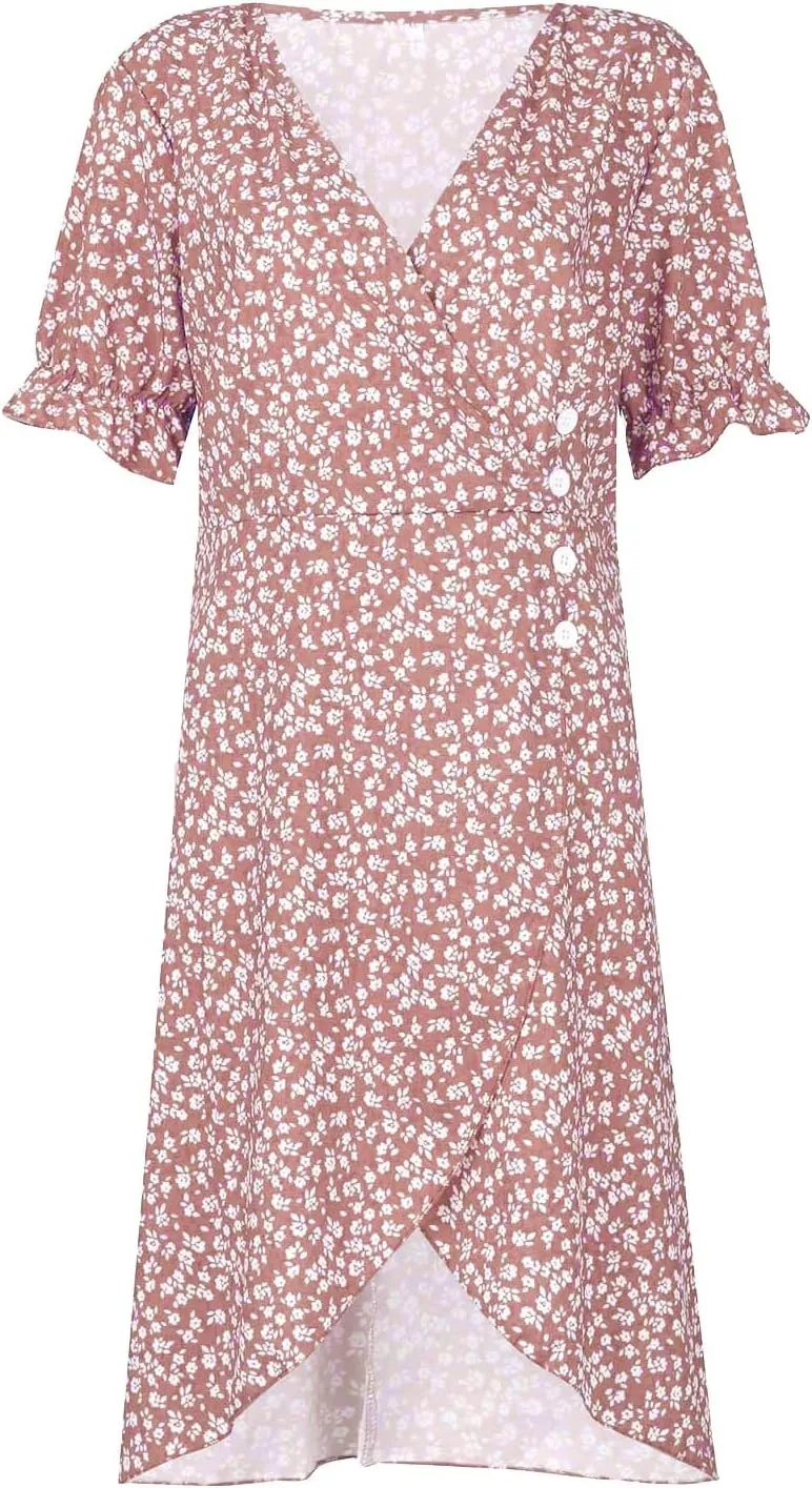 JJHAEVDY Dresses for Women 2024 Printed Ruffle Hem Dress V Neck Short Sleeve Dress Spring Summer Dresses Flowy Beach Dresses