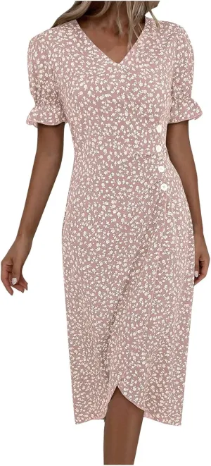 JJHAEVDY Dresses for Women 2024 Printed Ruffle Hem Dress V Neck Short Sleeve Dress Spring Summer Dresses Flowy Beach Dresses