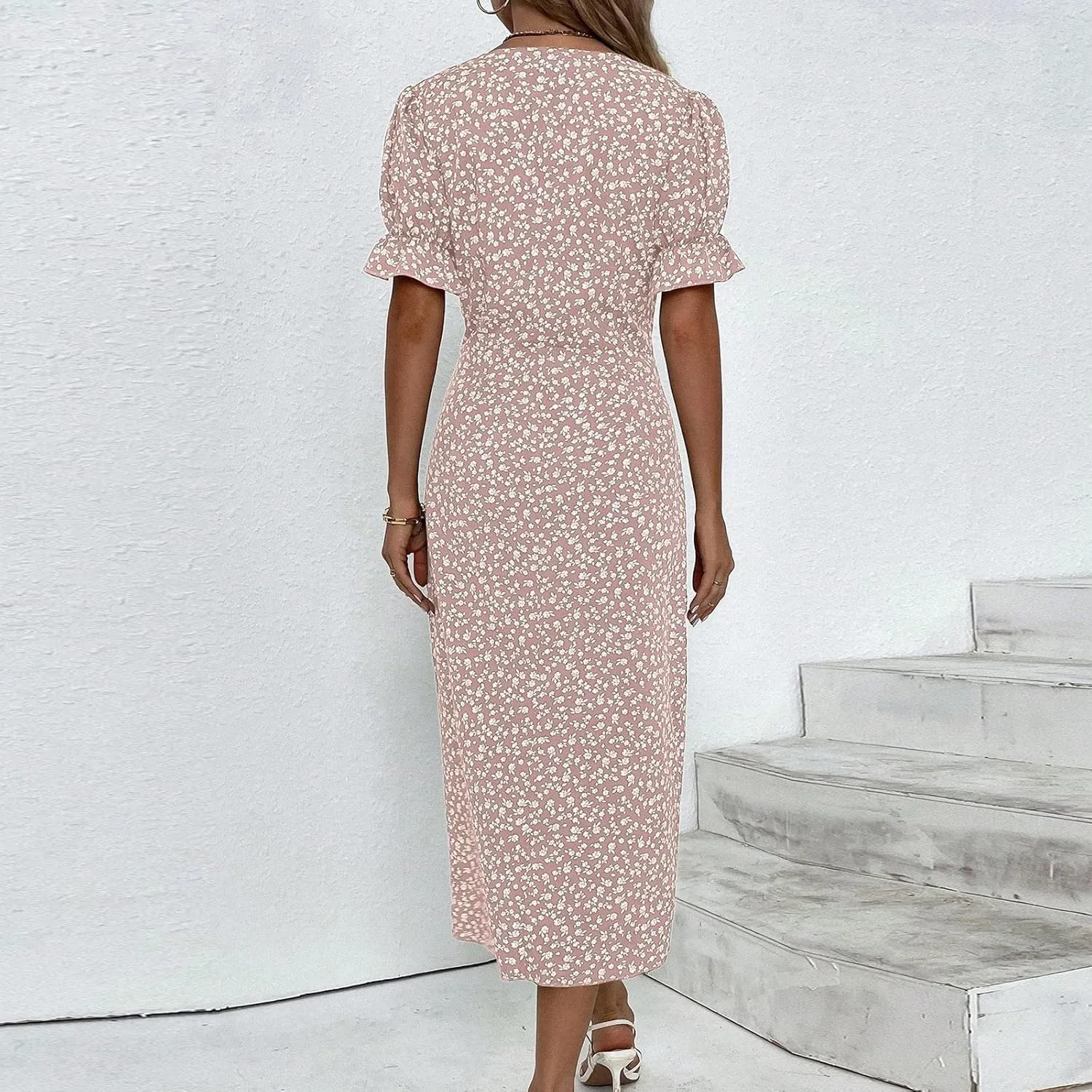 JJHAEVDY Dresses for Women 2024 Printed Ruffle Hem Dress V Neck Short Sleeve Dress Spring Summer Dresses Flowy Beach Dresses