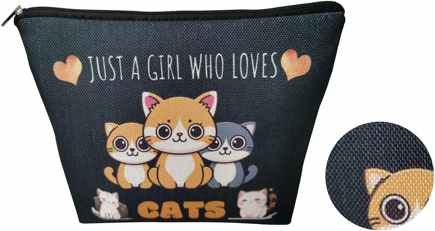 Just Love Cats Makeup Bag Black Background Cartoon Ginger Cat Pattern Canvas Organizer Zipper Pouch Lovely Cartoon Cat Cosmetic Bag Birthday Present for Cat Lovers Cat Mom Women