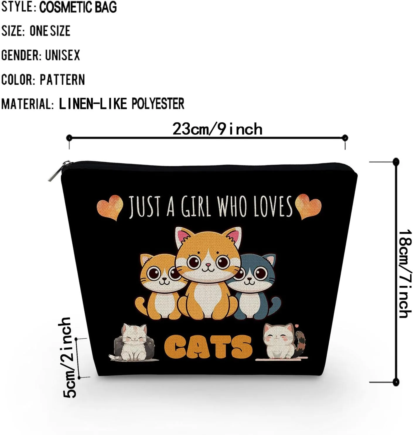 Just Love Cats Makeup Bag Black Background Cartoon Ginger Cat Pattern Canvas Organizer Zipper Pouch Lovely Cartoon Cat Cosmetic Bag Birthday Present for Cat Lovers Cat Mom Women