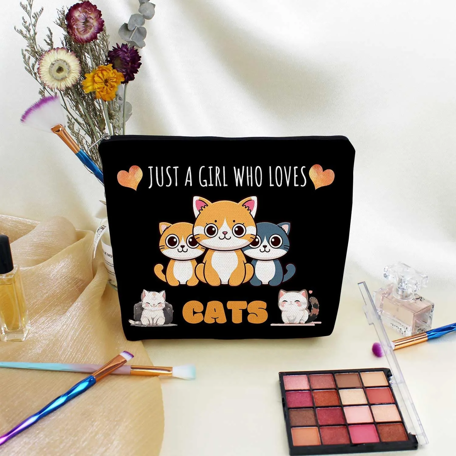 Just Love Cats Makeup Bag Black Background Cartoon Ginger Cat Pattern Canvas Organizer Zipper Pouch Lovely Cartoon Cat Cosmetic Bag Birthday Present for Cat Lovers Cat Mom Women