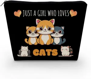 Just Love Cats Makeup Bag Black Background Cartoon Ginger Cat Pattern Canvas Organizer Zipper Pouch Lovely Cartoon Cat Cosmetic Bag Birthday Present for Cat Lovers Cat Mom Women