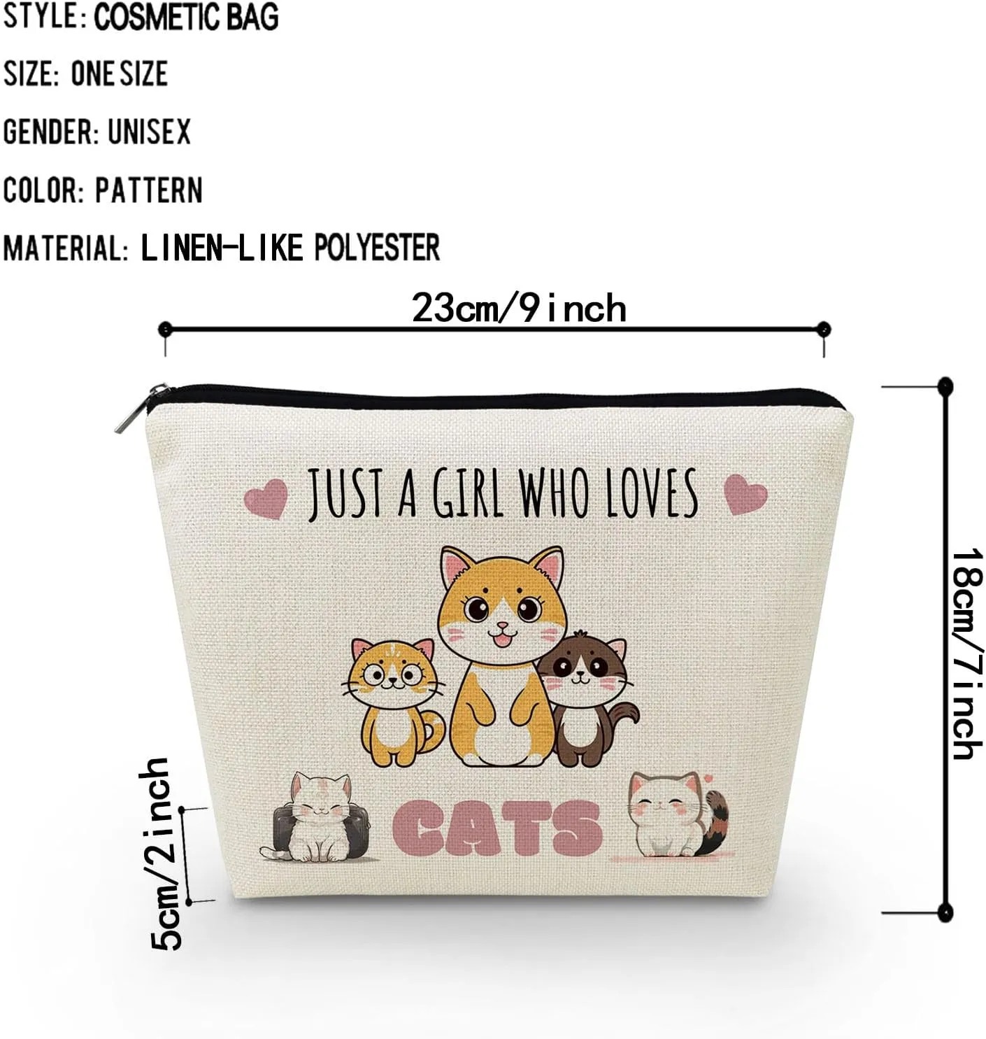 Just Love Cats Makeup Bag Cartoon Cat Pattern Toiletry Organizer Canvas Zipper Pouch Lovely Cartoon Cat Cosmetic Bag Present for Cat Lovers Cat Mom Women
