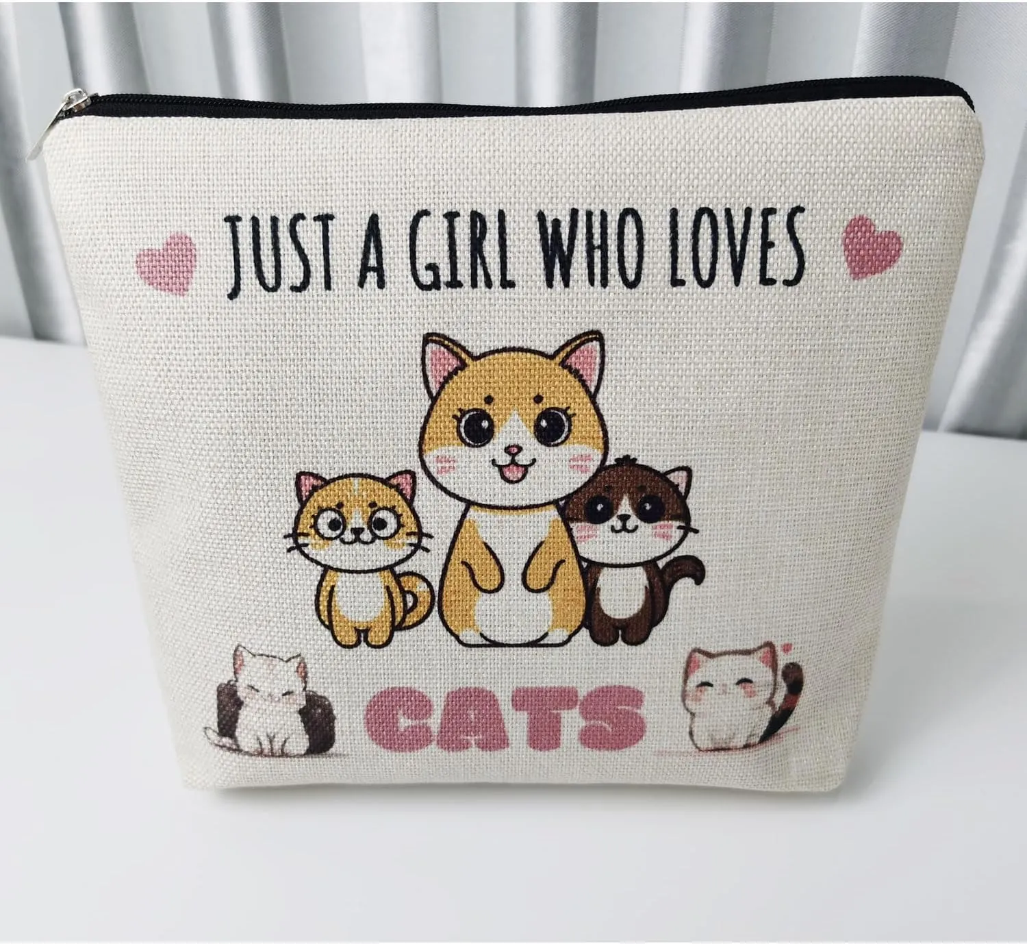 Just Love Cats Makeup Bag Cartoon Cat Pattern Toiletry Organizer Canvas Zipper Pouch Lovely Cartoon Cat Cosmetic Bag Present for Cat Lovers Cat Mom Women