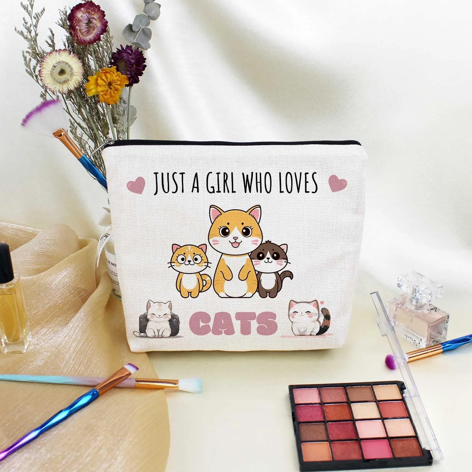 Just Love Cats Makeup Bag Cartoon Cat Pattern Toiletry Organizer Canvas Zipper Pouch Lovely Cartoon Cat Cosmetic Bag Present for Cat Lovers Cat Mom Women
