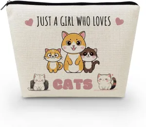 Just Love Cats Makeup Bag Cartoon Cat Pattern Toiletry Organizer Canvas Zipper Pouch Lovely Cartoon Cat Cosmetic Bag Present for Cat Lovers Cat Mom Women