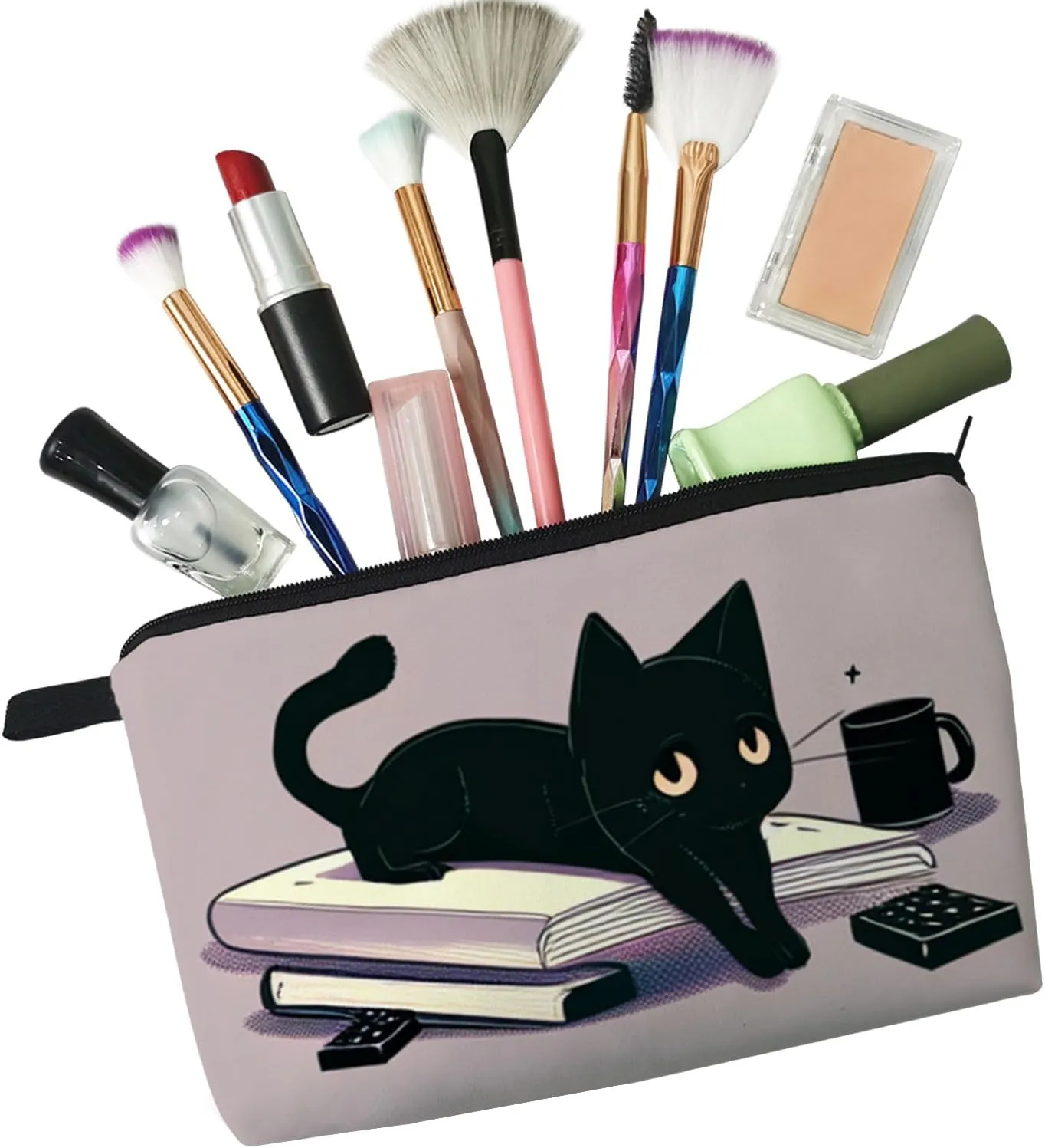 Kitten Present Black Cat Makeup Bag Travel Toiletry Organizer Zipper Bag Kitten Kitty Book Pattern Cosmetic Bag Birthday Present for Cat Lovers Women Friends