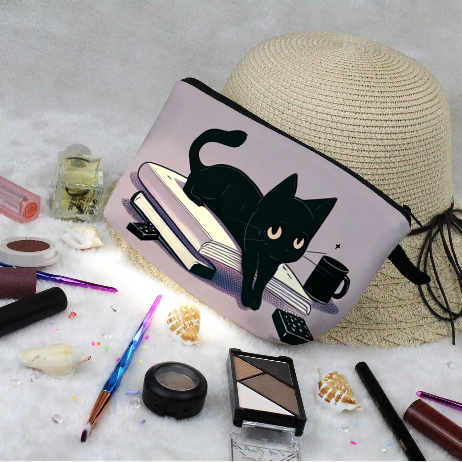 Kitten Present Black Cat Makeup Bag Travel Toiletry Organizer Zipper Bag Kitten Kitty Book Pattern Cosmetic Bag Birthday Present for Cat Lovers Women Friends