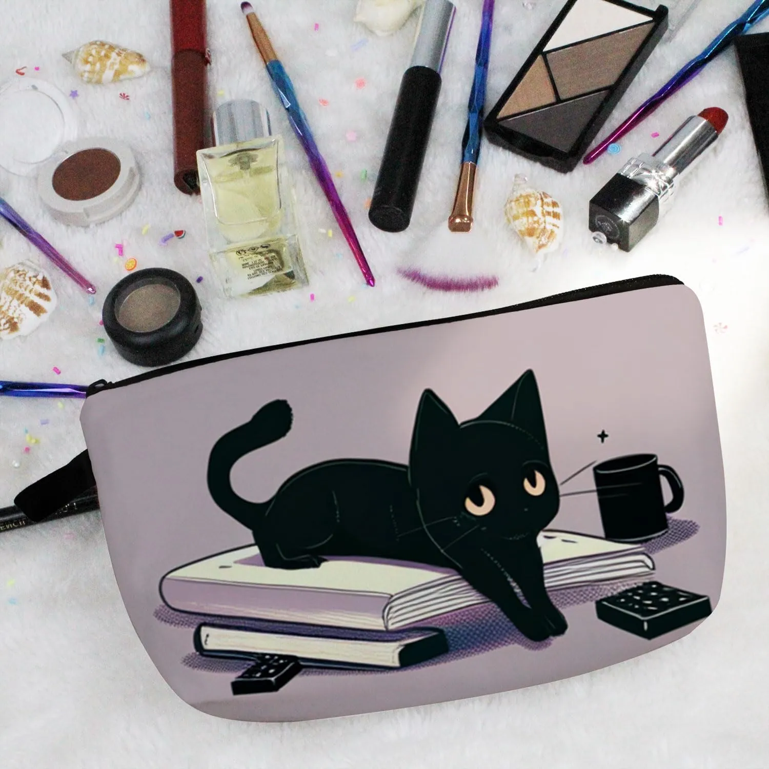 Kitten Present Black Cat Makeup Bag Travel Toiletry Organizer Zipper Bag Kitten Kitty Book Pattern Cosmetic Bag Birthday Present for Cat Lovers Women Friends