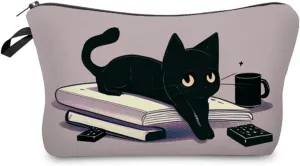 Kitten Present Black Cat Makeup Bag Travel Toiletry Organizer Zipper Bag Kitten Kitty Book Pattern Cosmetic Bag Birthday Present for Cat Lovers Women Friends