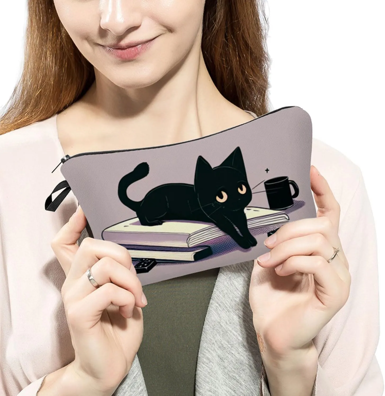Kitten Present Black Cat Makeup Bag Travel Toiletry Organizer Zipper Bag Kitten Kitty Book Pattern Cosmetic Bag Birthday Present for Cat Lovers Women Friends