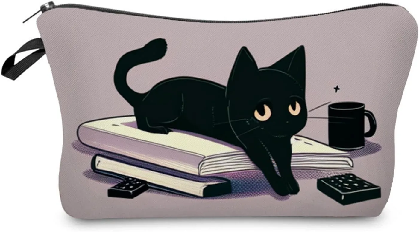 Kitten Present Black Cat Makeup Bag Travel Toiletry Organizer Zipper Bag Kitten Kitty Book Pattern Cosmetic Bag Birthday Present for Cat Lovers Women Friends