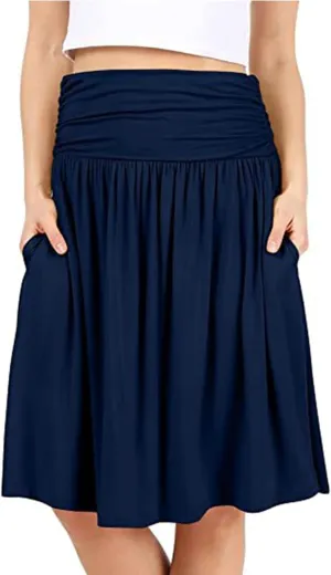 Knee Length Skirts for Women with Pocket Casual Pleated High Waisted Skirts Summer Flare Elegant A Line Beach Midi Skirt