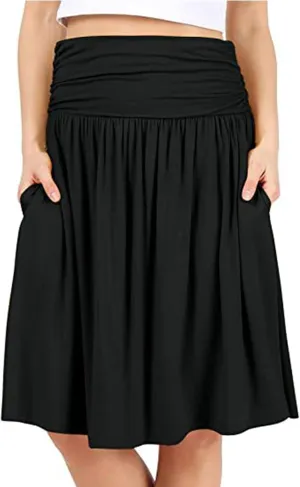 Knee Length Skirts for Women with Pocket Casual Pleated High Waisted Skirts Summer Flare Elegant A Line Beach Midi Skirt