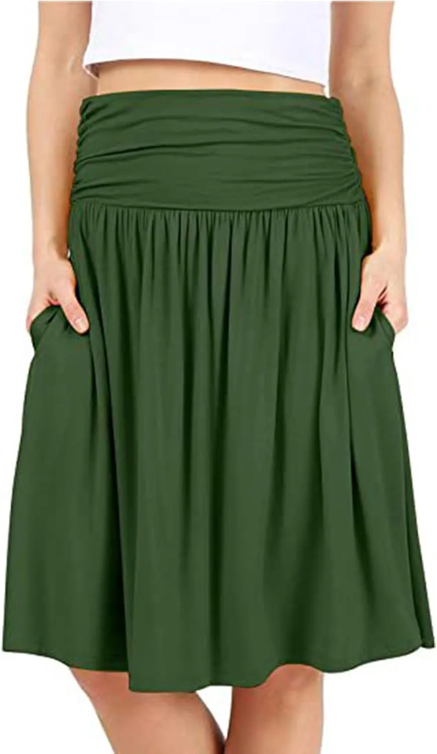Knee Length Skirts for Women with Pocket Casual Pleated High Waisted Skirts Summer Flare Elegant A Line Beach Midi Skirt