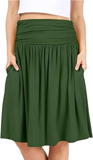 Knee Length Skirts for Women with Pocket Casual Pleated High Waisted Skirts Summer Flare Elegant A Line Beach Midi Skirt