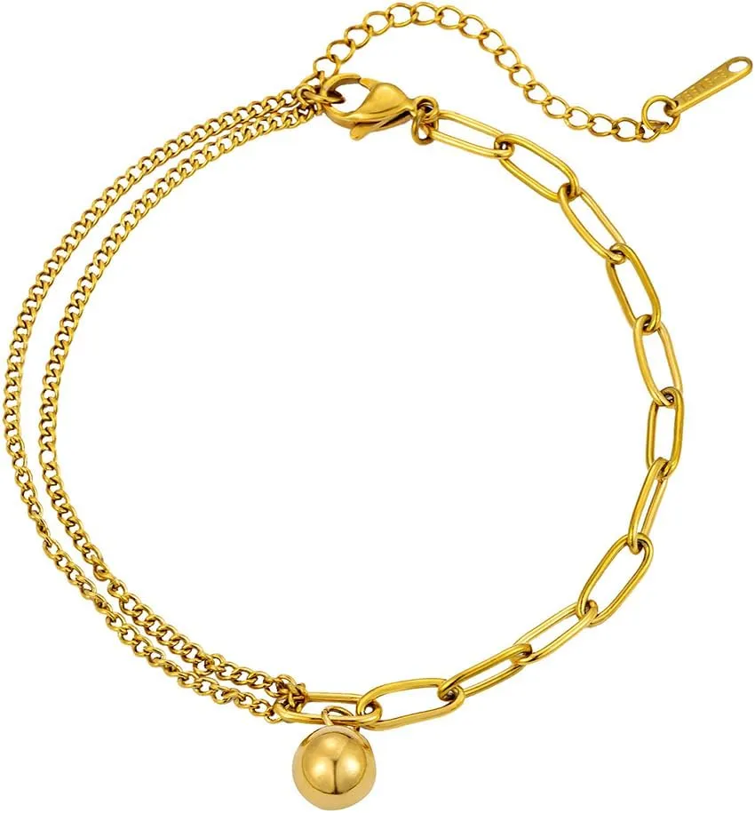 Kokoma Dangle Ball Drop Anklet for Women Layered Chains Link Ankle Bracelet Stainless Steel Boho Summer Beach Anklets Dainty Foot Jewelry