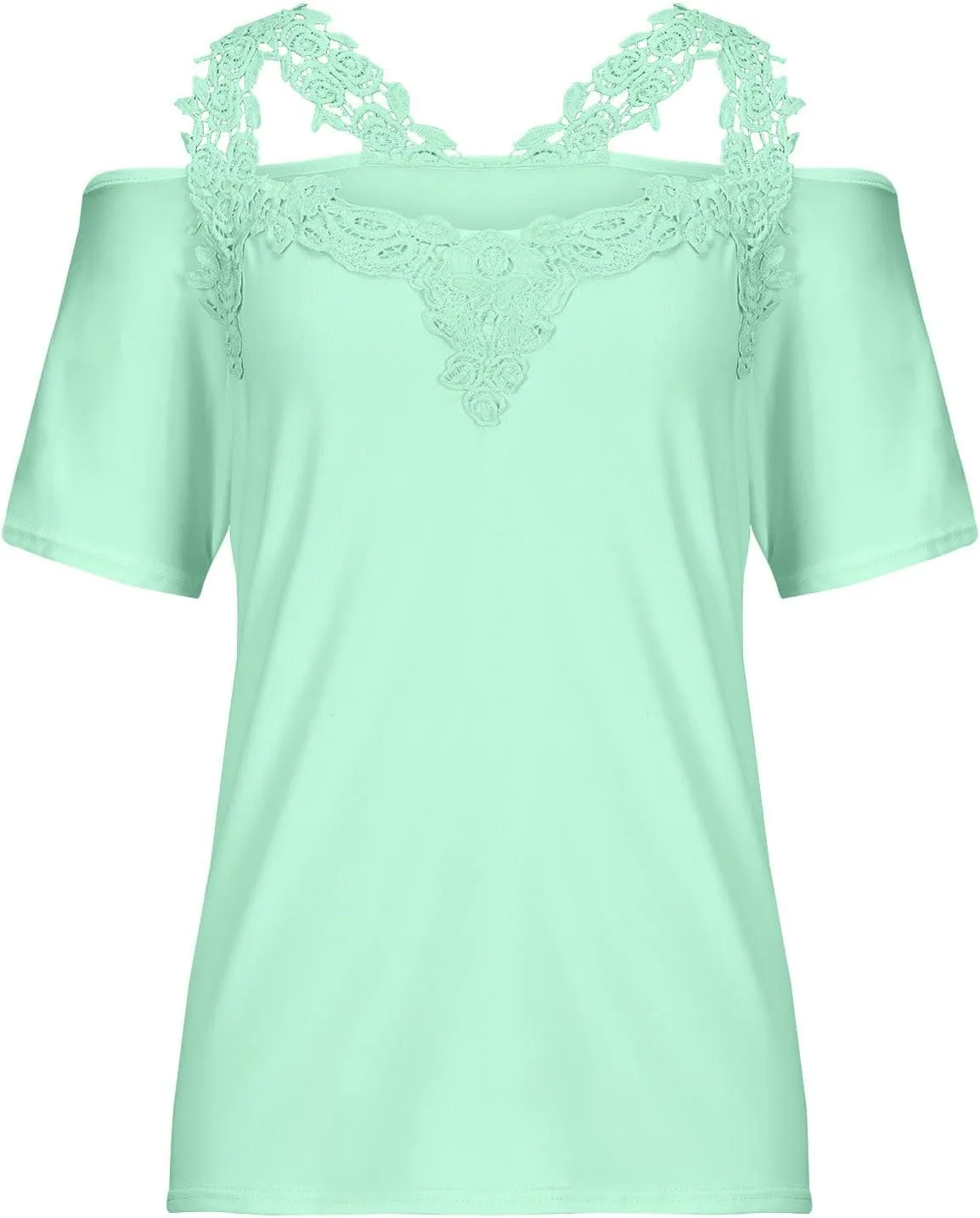 Lace Crochet Cold Shoulder Tops for Women Trendy Summer Short Sleeve Tunic Shirts Casual Loose Strappy Blouses