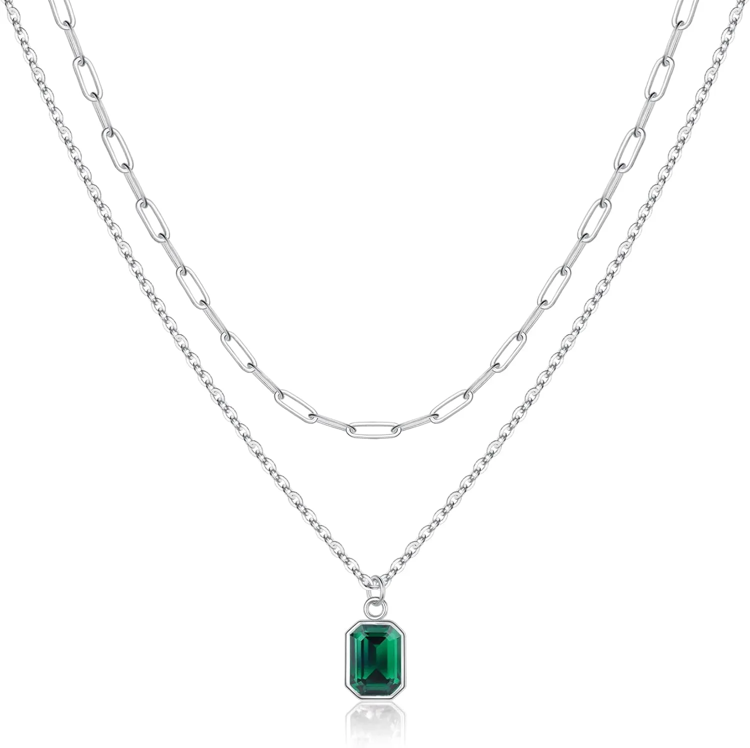 Layered Birthstone Necklace for Women Girls, Gold Silver Rose Gold Plated Layered Paperclip Chain Choker Necklace with Rectangle Birthstone Pendant Birthday Gifts for Women Girls Jewelry