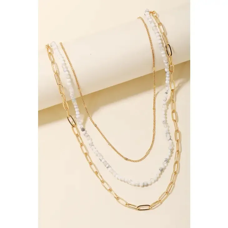 Layered Chain and Bead Necklace in Gold/Howlite