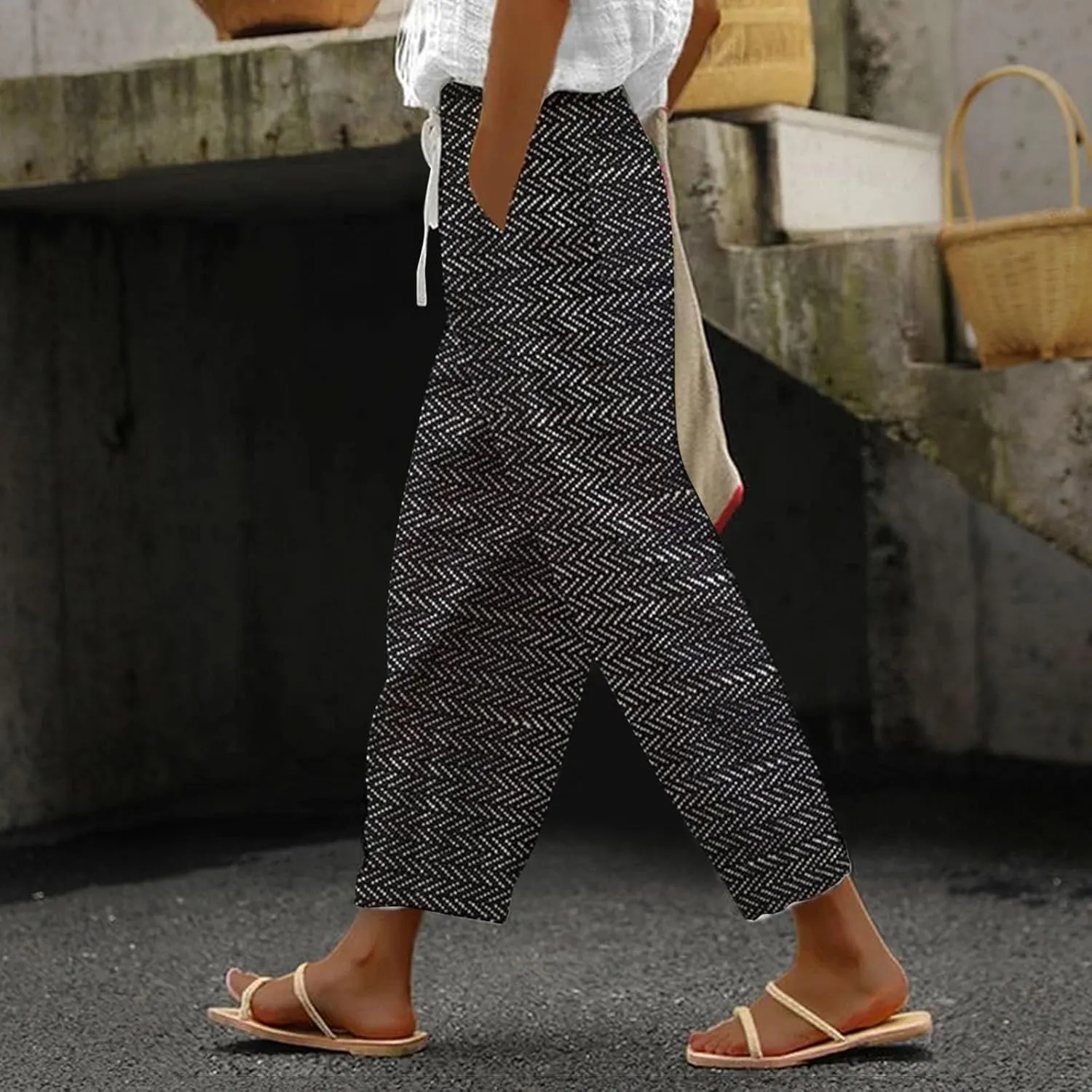 LCMTWX Linen Pants for Women 2025 Casual Drawstring Pants Capri Pants 2025 Pants with Pockets Wide Leg Cropped Pants