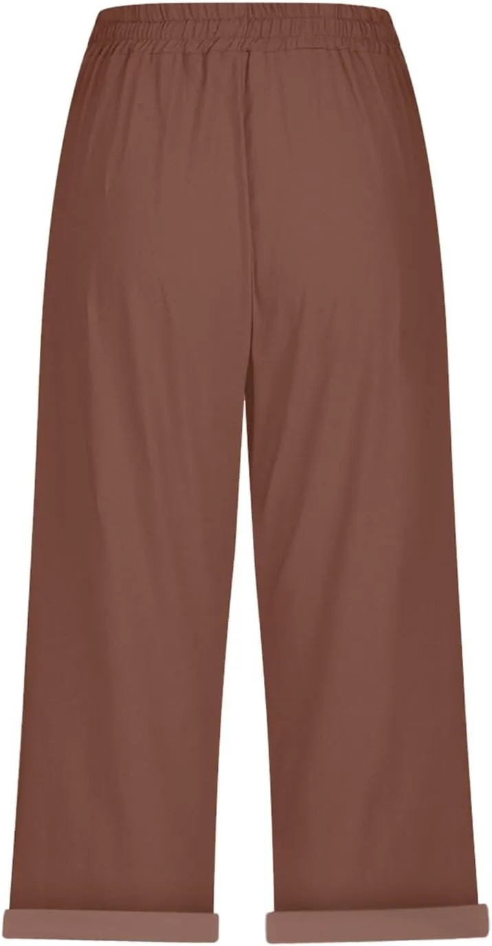 LCMTWX Linen Pants Women Waist Pants Drawstring Pants with Pockets Wide Leg Cropped Pants for Women Capri Pants 2025 Pants