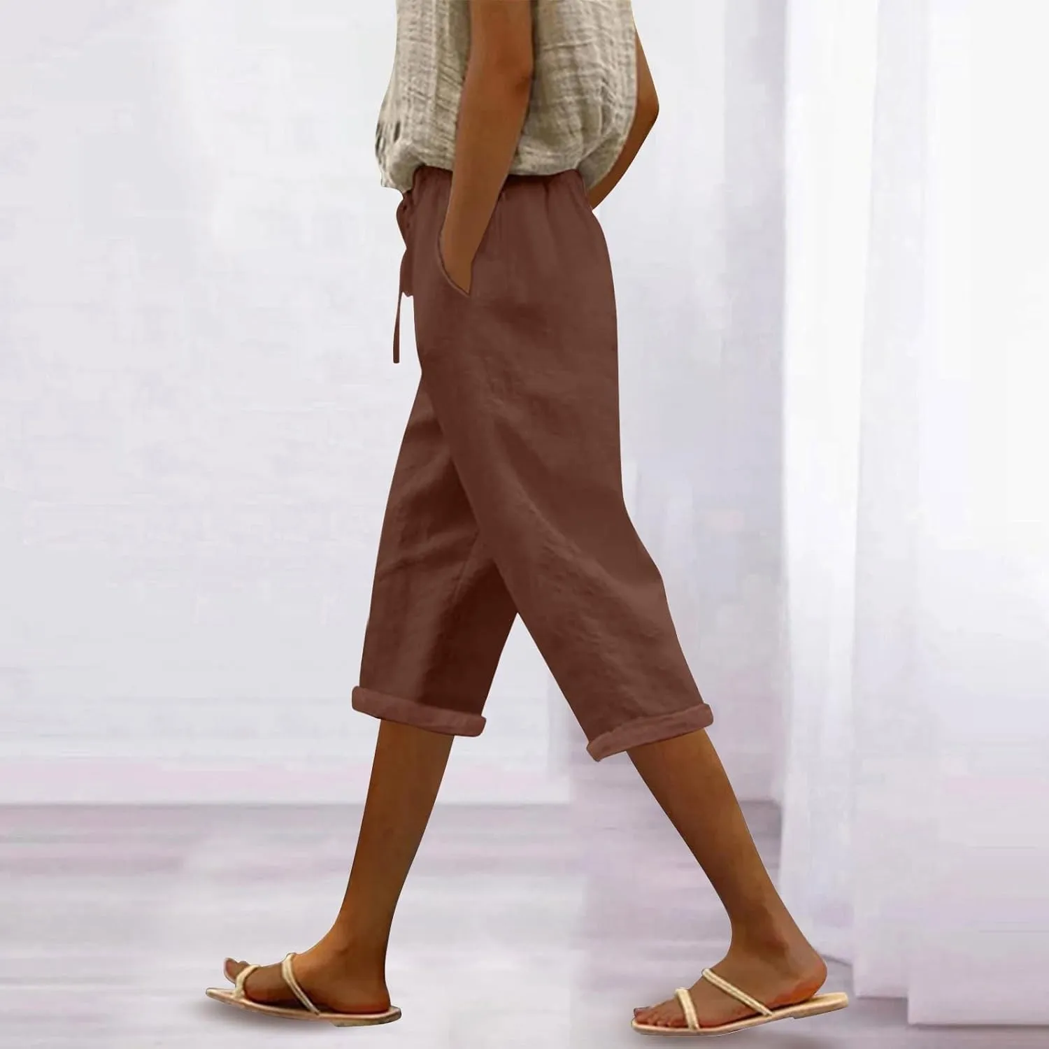 LCMTWX Linen Pants Women Waist Pants Drawstring Pants with Pockets Wide Leg Cropped Pants for Women Capri Pants 2025 Pants