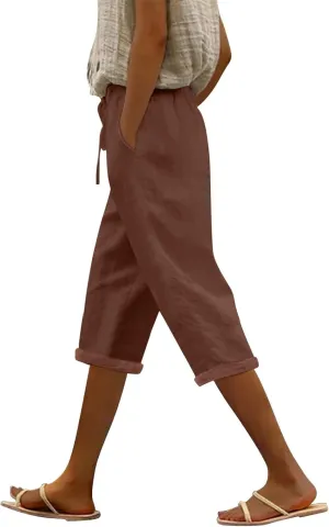 LCMTWX Linen Pants Women Waist Pants Drawstring Pants with Pockets Wide Leg Cropped Pants for Women Capri Pants 2025 Pants