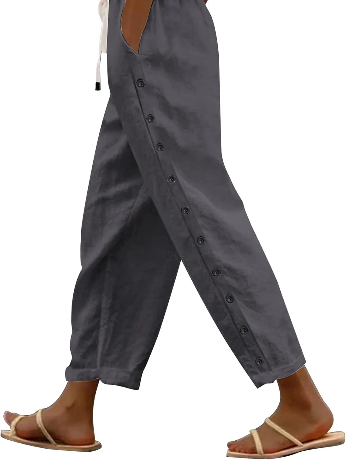 LCMTWX Summer Linen Pants 2025 Casual Drawstring Pants Capri Pants 2025 Pants with Pockets Wide Leg Cropped Pants Womens
