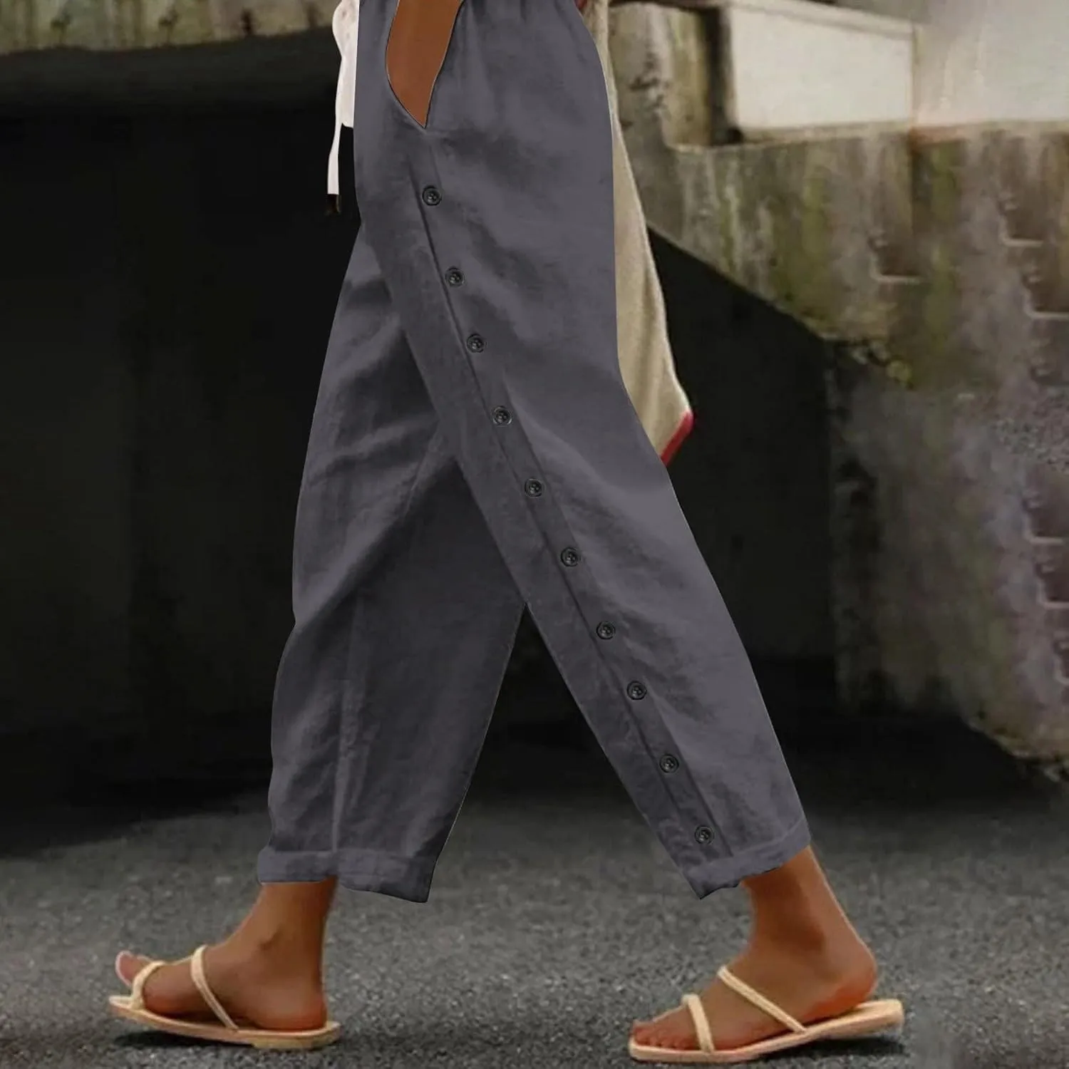 LCMTWX Summer Linen Pants 2025 Casual Drawstring Pants Capri Pants 2025 Pants with Pockets Wide Leg Cropped Pants Womens