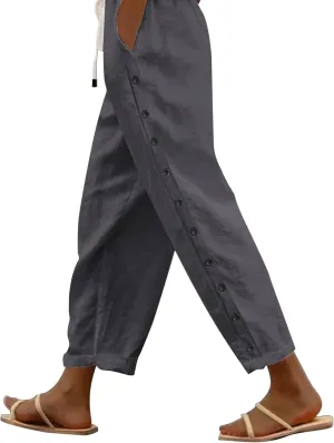 LCMTWX Summer Linen Pants 2025 Casual Drawstring Pants Capri Pants 2025 Pants with Pockets Wide Leg Cropped Pants Womens