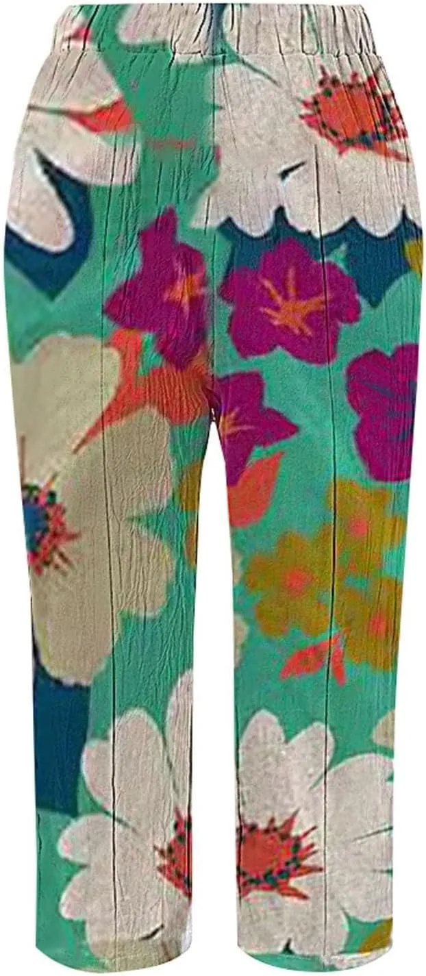 LCMTWX Womens Linen Pants Waist Pants Drawstring Capri Pants with Pockets Wide Leg Cropped Pants High Waisted Linen Pants