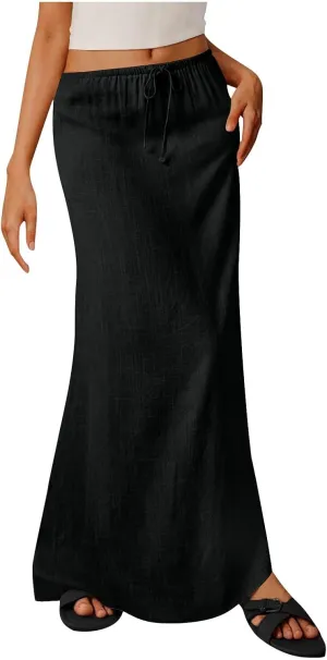 Linen Maxi Skirts for Women Comfy Drawstring Waist A Line Dresses Long Flowy Boho Vacation Skirts 2025 Summer
