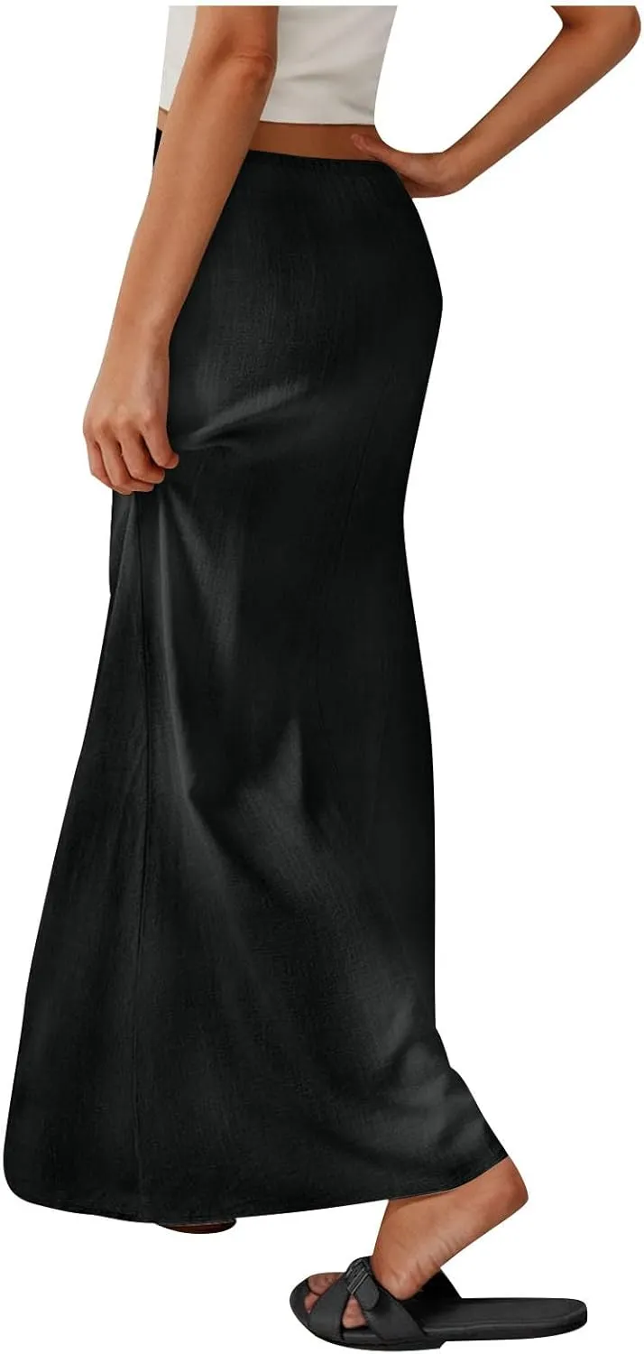 Linen Maxi Skirts for Women Comfy Drawstring Waist A Line Dresses Long Flowy Boho Vacation Skirts 2025 Summer