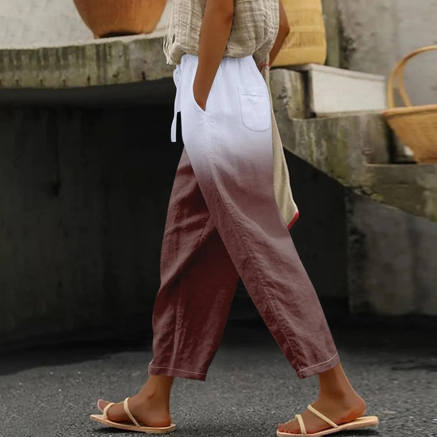 Linen Striped Print Pants for Woman Casual Pants Pants 2024 Summer Beach Loose Striped Linen Pants Women Linen Pants