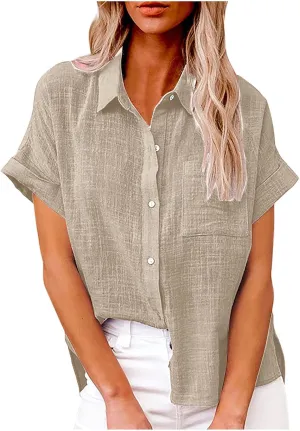 LRMQS Linen Shirts for Women Short Sleeve Summer 2024 Button Down Shirt Blouse Collared Casual Trendy Loose Tops Clothing