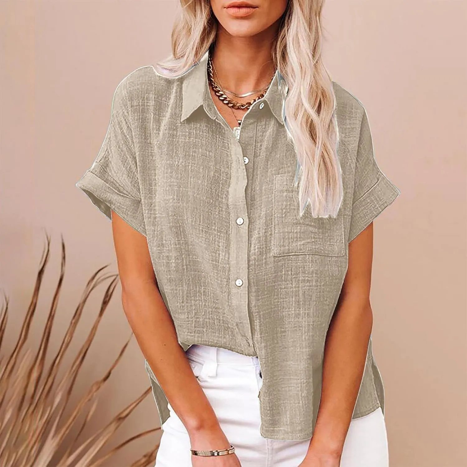 LRMQS Linen Shirts for Women Short Sleeve Summer 2024 Button Down Shirt Blouse Collared Casual Trendy Loose Tops Clothing
