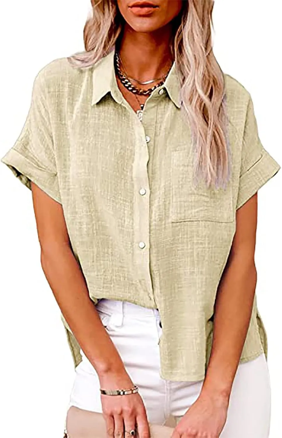 LRMQS Linen Shirts for Women Short Sleeve Summer 2024 Button Down Shirt Blouse Collared Casual Trendy Loose Tops Clothing