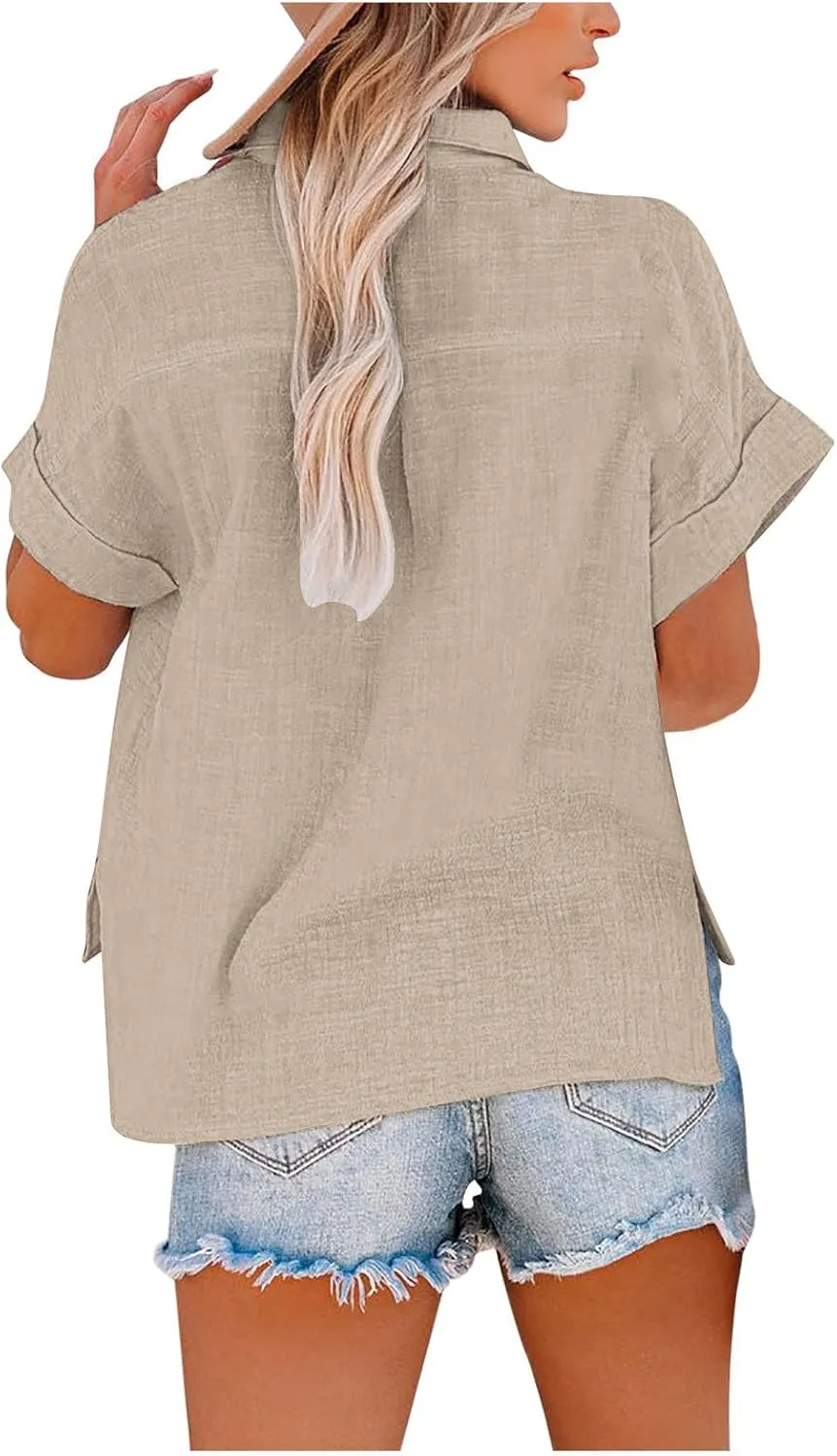 LRMQS Linen Shirts for Women Short Sleeve Summer 2024 Button Down Shirt Blouse Collared Casual Trendy Loose Tops Clothing