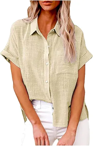 LRMQS Linen Shirts for Women Short Sleeve Summer 2024 Button Down Shirt Blouse Collared Casual Trendy Loose Tops Clothing