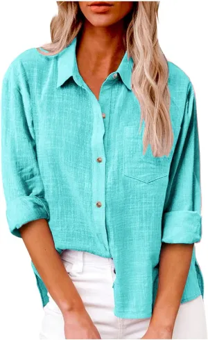 LRMQS Linen Shirts for Women Summer Long Sleeve Lapel Button Down Blouse Lightweight Gauze Loose Casual Fashion Shirt Clothes