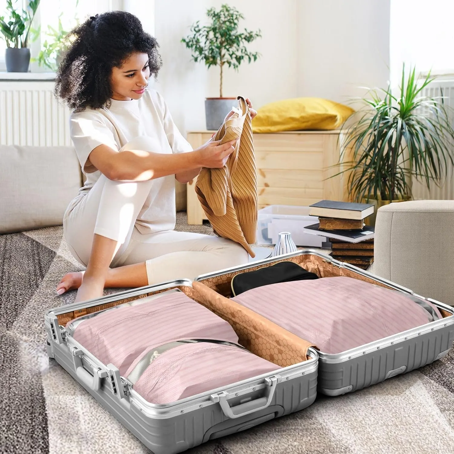 Luggage Space Saver, Luggages Management Personnel, Pink Stripes, With Zipper, 3 Set Travel Packing Cubes For Suitcases, Garment Bag Closet Storage